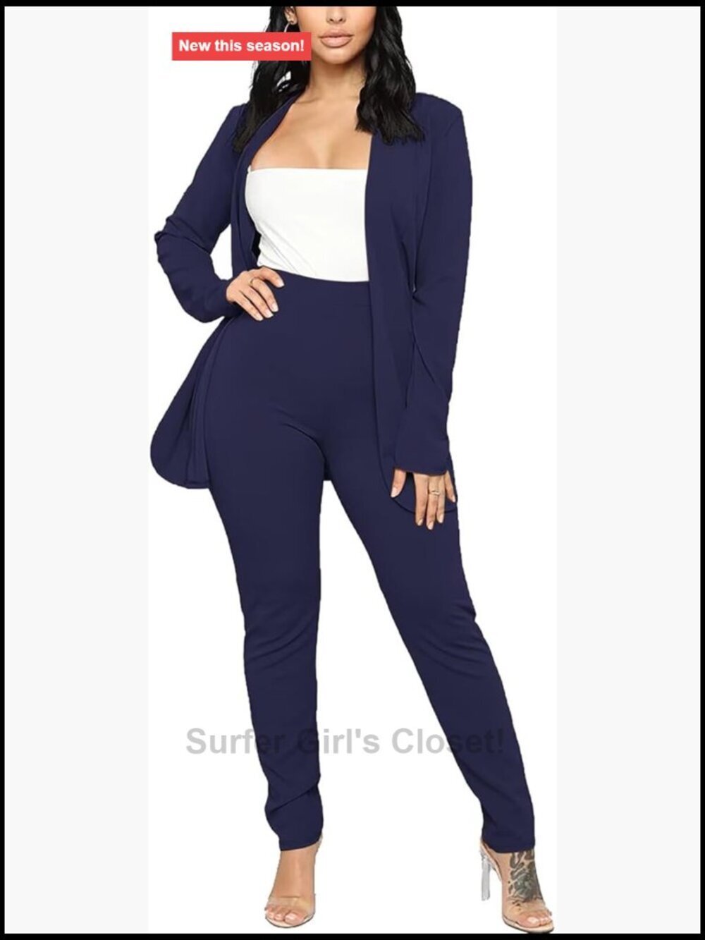2 Piece Blazer and Pencil Pant Suit Set - Open Front Cardigan Jacket Bodycon